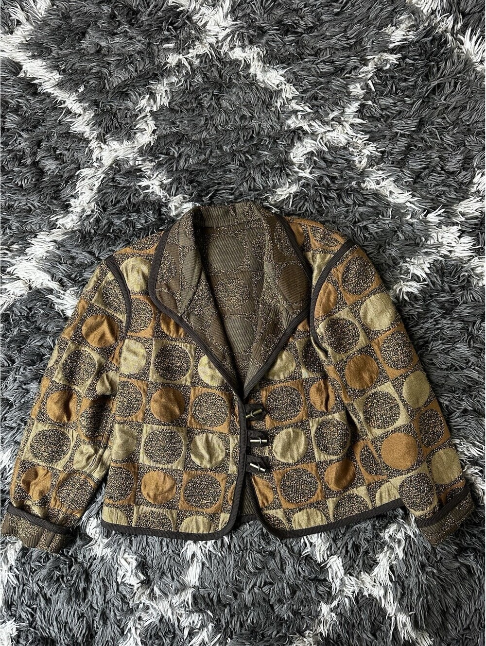 Vintage 90s Made in USA Brown Circle Dot Tapestry Jacket Blazer Women Medium